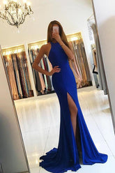 Open Back Halter Mermaid Side Slit Long Prom Dresses
